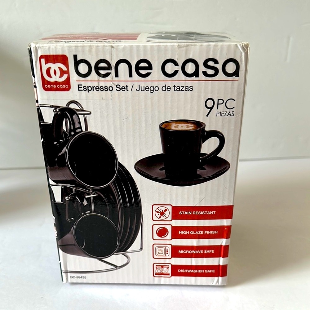 Bene Casa 9 Piece Black Espresso Set 3 Oz Cups Service for 4 Stand Included